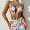 Dames badkleding ruches bikini set 3-delige plooien rok zwempak vrouwen 2024 sexy cross sling holle out high taille zomer strand badpak