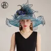 FS Organza Carnival Cap Lady Wide Brim Hats For Women With Mesh Feather Flowers Wedding Bride Church Fedora 240412