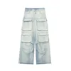Женские джинсы уличный стиль винтажный многосайк-мешковой мешковины синие грузовые брюки хип-хоп рэп летние тренд повседневная средняя пауза