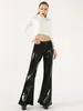 Women's Pants Women Solid Shiny Faux Latex Leather High Waist Elastic Bodycon Flare Ladies Slim Stretch PU Bell-Bottom Trousers Custom