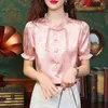 Blouses pour femmes Couleur solide de style chinois Jacquard Shirt Retro 2024 Summer Pullover Blouse Stand Collar Short Sleve Women Tops