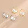 Studörhängen S925 Sterling Silver Hollowed Out Round Double Freshwater Pearl Japan och Sydkorea Fashion Temperament K Gold Plated