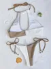 Kvinnors badkläder Pearl Neck Bikini Sexig baddräkt Kvinnor White Khaki Patchwork Bathing Suit Thong 2024 Beach Push Up Micro Bikinis Biquini