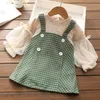 De herfstjurk van meisjes 2024 Vintage patchwork geruite rok 2-6 jaar oud meisje baby lente en herfstvakantie 2 jurken