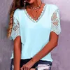 Women's Blouses V-Neck Women T-shirt Lace Hollow Stitching Petal Short Sleeve Casual Loose Solid Color Tops Daily Clothing