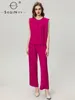 Women's Two Piece Pants SEQINYY Purple Red Suit Summer Spring Fashion Design Women Runway Chain Sleeve Top Office Lady High Street Belt