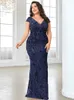 Party Dresses Lucyinlove Plus Size Elegant Blue Evening Dress For Women 2024 Luxury Long Mermaid Formal Sequins V-neck Prom Wedding Gown