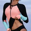 One piece surfing suit new style clothing European beauty conservative zipper long sleeve sunscreen contrast Swimsuit Bikini