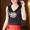 Damestanks vintage stijl geborduurd vest shirt zomer dames tanktops v nek mouwloze satijn camis