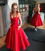 Red Satin A Line Tea Longueur Homecoming Robes avec poches Spaghetti STAPS GAIN OF HONNEGLE ROBES7060122