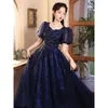 Party Dresses Luxury Sequin Blue Evening Dress For Women Annual Conference Hosting Ball Gown Puff Sleeve Sqare Collar Banquet Princess