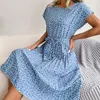 Casual Dresses Spring Summer Floral Dress Crewneck Female Loose Lace-Up Large Swing Fashion Exquisite Elegant Pleated for Cocktail Party