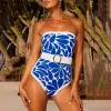 Set Blue Tube Top Vintage Print Belt Elegant Bikini Onepiece Swimsuit Fomen Women Blue Blue Sexy Vneck Monokini Swimwear
