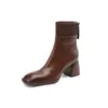 Boots Blapunka Women Natural Leather Square Toe Chunky Block Heels Ankle Knitting Wool Design Ladies Zipper Brown Shoes 42