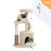 Małe drzewo kota na koty wewnętrzne, średnia wieża kota z interaktywną zabawką dla kotów, 32,7 "mieszkanie kotów z pędzlem własnym groomerem, naturalnym kota drapiącym, wisząc