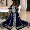 Kaftan Dresses Evening Moroccan Classic Dark Navy Satin Long Sleeves Lace Applique A-Line Arabic Dubai Abaya Elegant Muslim Women Celebrity Party Dress Prom