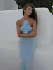 VC Summer Fashion Dress For Women Sexy Halter Neck Mesh Flowers Decorated Maxi Long Gowns 240424