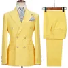 Blazer Hombre Yellow Suits for Men Chic Terno Double Breasted Lapel Elegant Wedding Full Set Male 2 Piece Jacket Pants 240407
