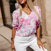 Frauenblusen lässig losen Pendler T-Shirts Damen elegante V-Ausschnitt Single Breaceed Slim Shirt Summer Short Sleeve Muster gedruckt