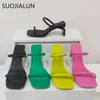 SUOJIALUN Summer Gladiator Shoes Square High Heel Women Slides Fashion Narrow Band Square Toe Ladise Beach Sandal Slides 240425