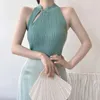 Kvinnors tankar Kvinnor Neckhalter Top Solid Color Chinese Knotting Oregelbundet Cheongsam Summer Bustier Crop Tops ärmlös