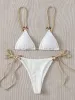 Set 2023 Sexy Bikini Set Cute White Plain Ring Linked Spaghetti Strap Triangle Thong Biquini Swimsuit Swimwear Women Bathing Suit B0