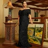 Lässige Kleider EDGLULU Plus Größe von Schulter kurzärmeler Abendkleid elegante rückenfreie schwarze graue Pailletten Langer Meerjungfrau 1216