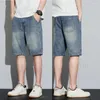 Jeans masculinos Homens de verão Denim Slim reto azul 2024 comprimento do joelho para calças casuais de roupas de rua
