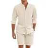 Täglich lässige atmungsaktive Baumwollwäsche -Outfits Herren Vintage Stand Collar Buttonup -Hemden und Shorts Sets für Männer Kleidung Sommer 240415