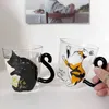 Mugs 1-2 Cute 250ml Black Cat Glass Coffee Cup Set with Handle Animal shaped Milk Juice Cup Japanese Style Gift J240428