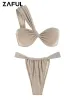 セットZaful Women's One One Shoulder Swimsuit Tanga Bikini Set Twe Piece Swimwear Solid Color Padded Bikini Top Bra Briefsbottomセクシー