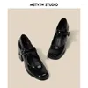 Klänningskor kvinna vintage brittisk stil svart hög häl block fyrkantig tå singel sko Mary Jane för kvinnor