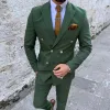 Pakken Fashion Men Suits Green Chic Peak Rapel Double Breasted Solid 2 -delige formele casual bruidegom bruiloft Tuxedo Slim Fit Blazer broek