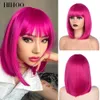 Bob raide courte pour femmes perruques synthétiques marron en blonde ombre naturel faux cheveux rose avec frange 240419