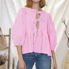 Women's Blouses Bow Tied Lace Up Shirt Women Pleats Solid Long Puff Sleeve Hollow Out O-neck Female 2024 Summer Sweet Lady Fashion Tops