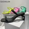 SUOJIALUN Summer Gladiator Shoes Square High Heel Women Slides Fashion Narrow Band Square Toe Ladise Beach Sandal Slides 240425