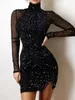 Повседневные платья черная элегантная вечеринка для женщин 2024 Осенняя зимняя кружевная сетка V-образное сетка с длинным рукавом сексуальное тонкое мини-платье женского пола