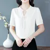 Dames Polos Summer Western Chiffon Shirt 2024 Pullover V-Neck Splice Fashion Mode Solid Color Slim Fit Pendement met korte mouwen T-shirt tops