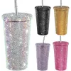 500 ml dubbele laag thermosbekers vrouwen glitter cup water fles geschenk herbruikbaar rietje met deksel strass zonder roestvrij staal 240425