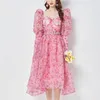 Casual Dresses Woman Pink Organza Dress Summer Fashion Slim High midje Ball Gown Street Style Female Clothy Belt and Bow Clip