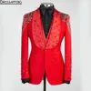 Red Pearls Beading Crystal Men Suits Three Pieces Evening Party Blazer Groom Wear ( Jacket + Vest + Pants )