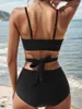 Kvinnors badkläder Hög midja Bikini Black Criss Cross Push Up Two Piece Swimsuit 2024 Solid Bandage Bathing Suit Holiday Biquini