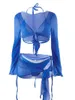Swimwear de mujeres 4 PCS Azul Bikini Set Swimsuit Sexy Winte Waisted Skirt Tops y Mini Shorts Trajes de baño de playa casual