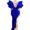 Prom -jurken lovertjeshuls sexy zijde hoge split Royal Blue Glitter formele feest avondjurken kralen ruches mouwen chique speciale ocn jurk