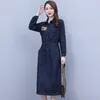 Casual Dresses 2024 Spring Loose Slimming Mid-Length Women's Clothing Western Style Embroidered Drawstring Long Sleeve Denim Dress