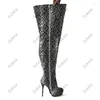 Boots Sukeia Women Winter Thigh Snake Pattern Unisex Stiletto Heels Round Toe Black Party Shoes Ladies US Size 5-20