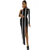 Casual Dresses Retro Stripes Bodycon Dress Spring Vertical Striped Sexy Side Split Long Sleeve Custom Party