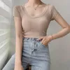 Aossviao 100% coton t-shirt Femmes Summer Slim Solide Basic T-T-shirt Colord Casual Tshirt coréen O Col Khaki Tops 240426