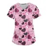 Nurse Uniform Love Heart Print Pocket V-Neck Nursing Scrubs Tops Workwear T-shirt Women Fashion Overalls Uniforms 240410