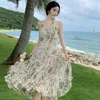 Vintage Korea Fashion Ruffle Edge Slip Slip Dress Summer Slim A Line V Neck Neck Romântico Romantic Floral Print Dress Long Boho Trend 240415